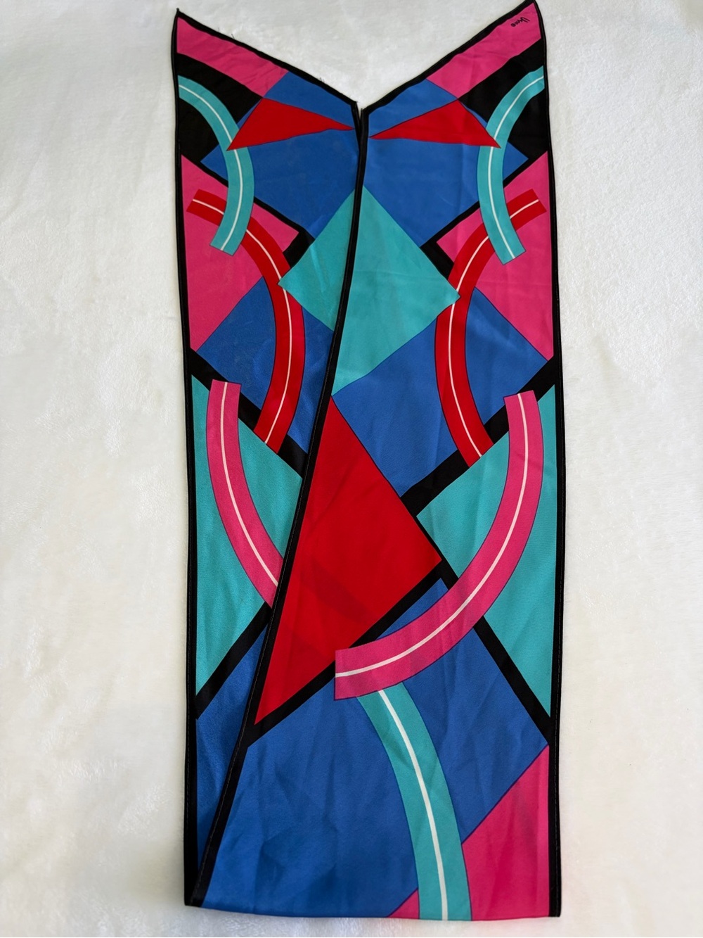 Vintage Vera Neumann Signed Scarf - Neck Hair Geometric Blue Red Pink Black VTG